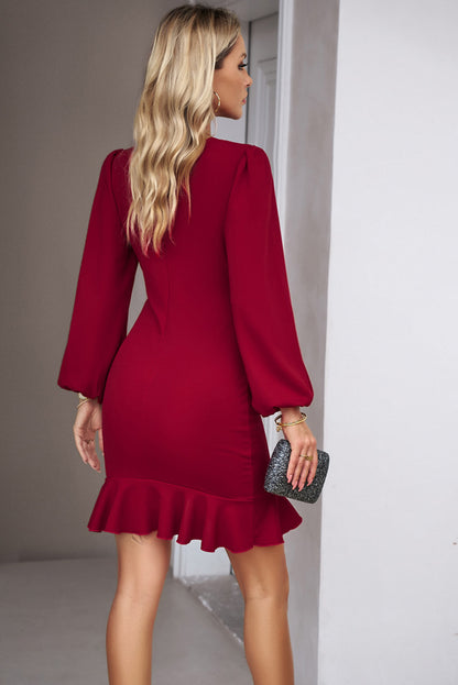 Red Dahlia Solid Color Bubble Sleeve Ruffle Mini Dress